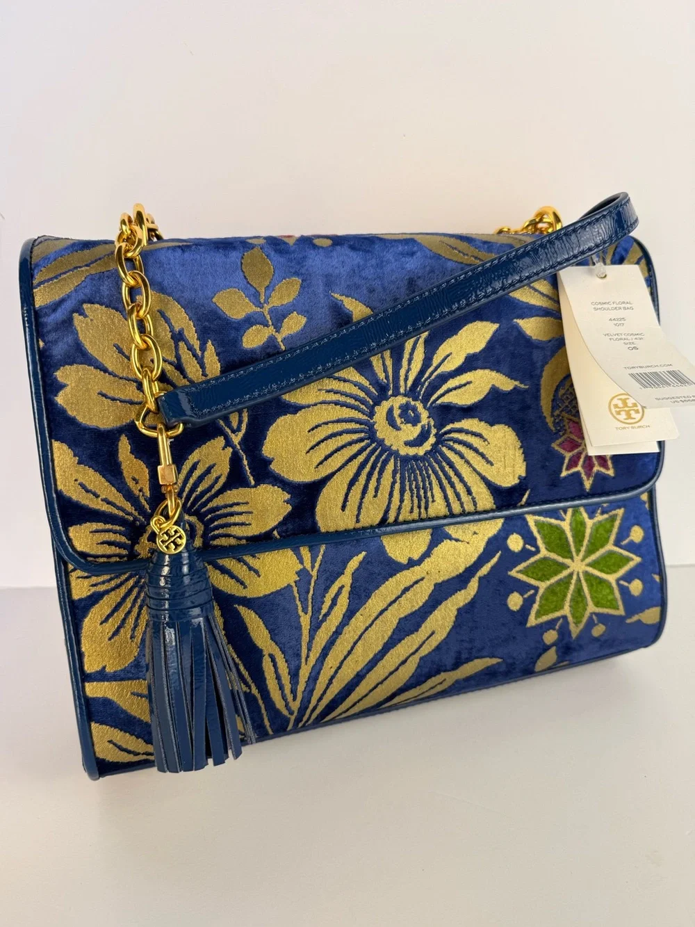 Tory Burch Cosmic Floral Velvet Shoulder Bag Blue Gold Chain $558